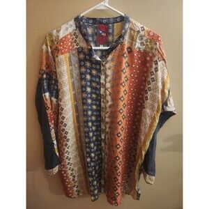 Johnny Was Silk Blouse Tunic Top Boho Western Button Front Lightweight Size S